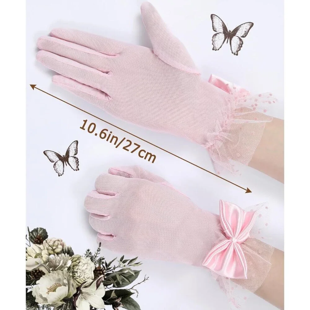 Women's Bow Lace Short Gloves Light Pink Princess Wedding Evening Accessories